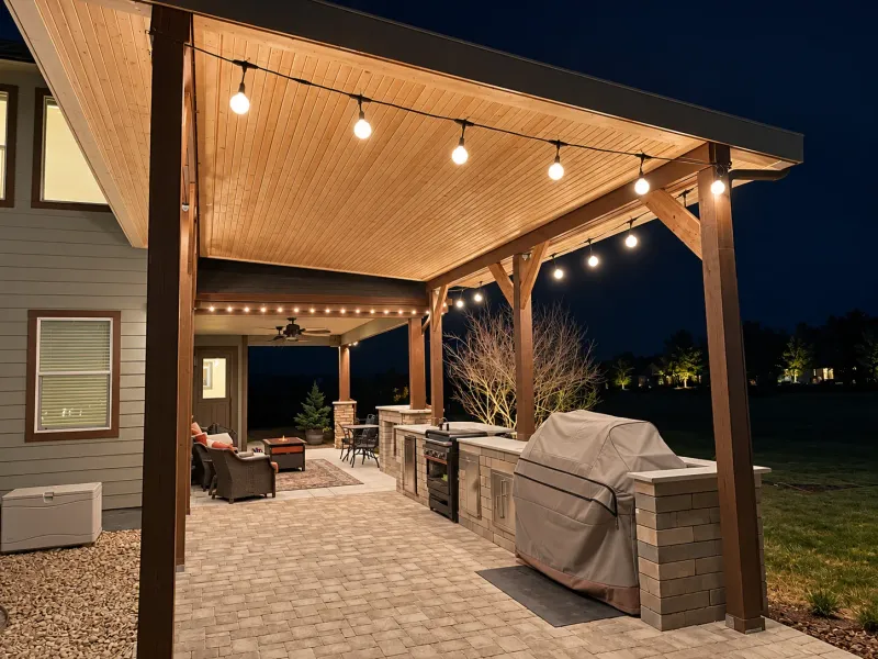 Covered outdoor kitchen and gathering space created by Blackrock Landscape