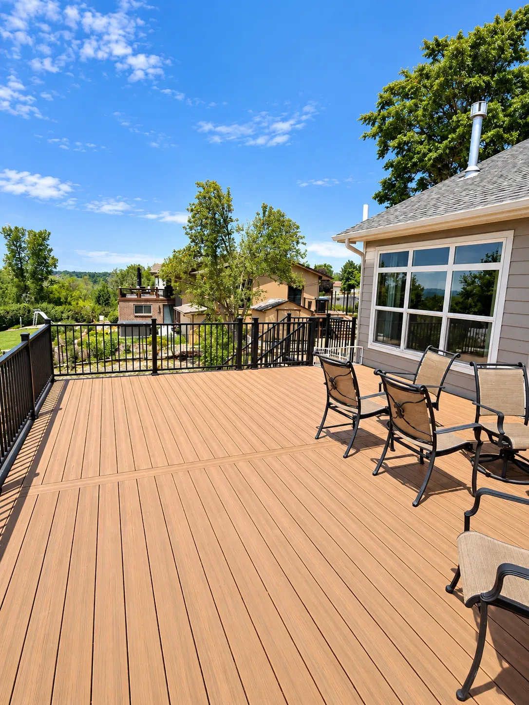 Composite deck with black metal railings and outdoor seating overlooking the neighborhood