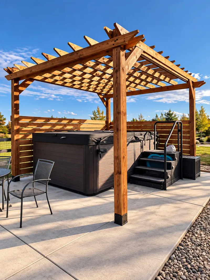 Timber pergola built over a spa with a matching privacy screen
