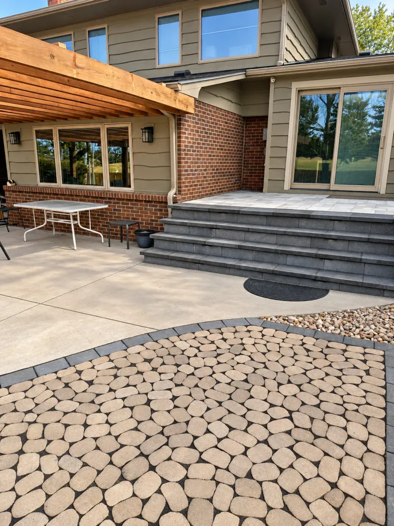 Wood pergola beside broad steps connecting the home to the patio