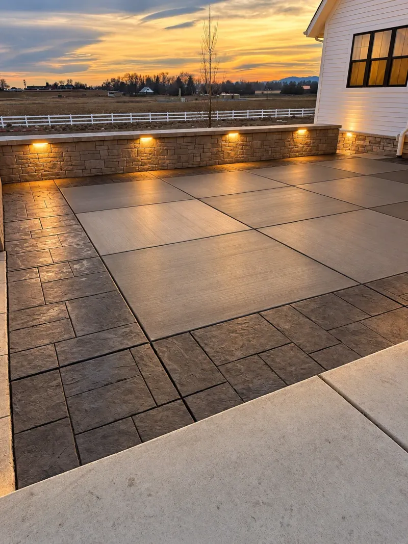 Large-format concrete patio and warm wall lighting at dusk