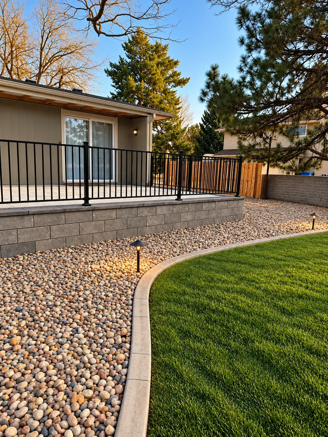 Completed curved patio with integrated lawn, planting, and landscape lighting