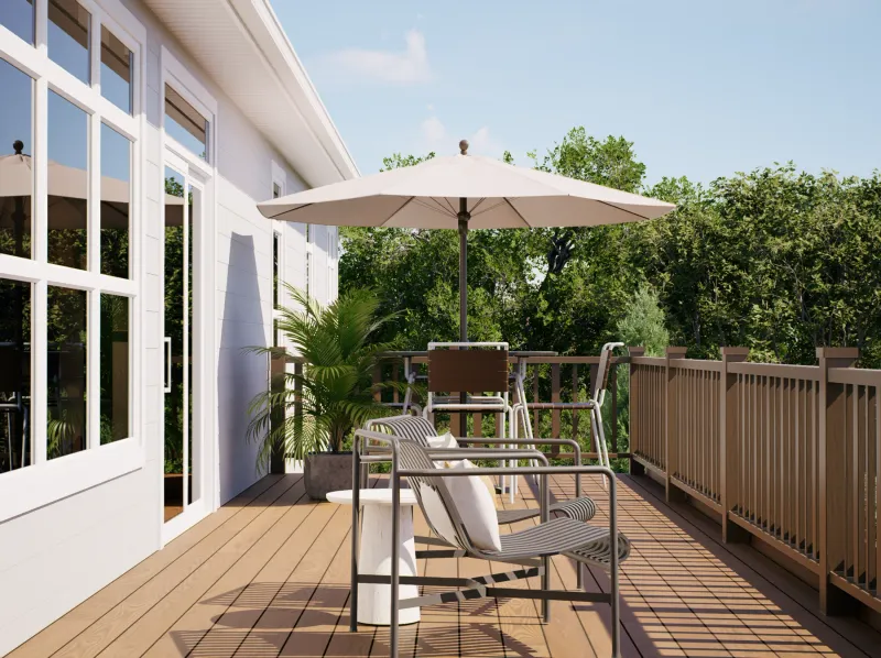 3D concept rendering of a wood deck with cushioned lounge chairs and a dining table under a large umbrella, framed by deck railings and garden greenery