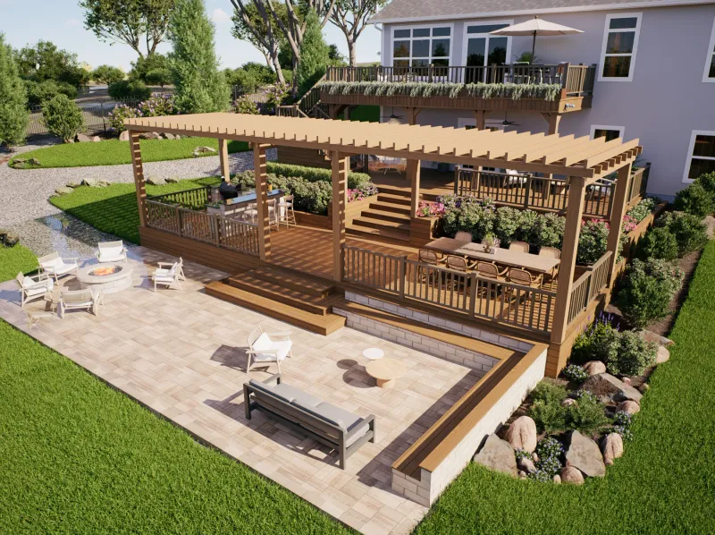 3D concept rendering of a backyard with a raised timber pergola deck, a lower paver patio, lounge seating, a fire feature, garden beds, and lawn