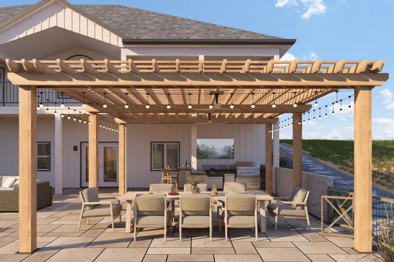 3D concept rendering of an outdoor living area beneath a timber pergola with dining seating, string lights, an outdoor kitchen, and a paved patio