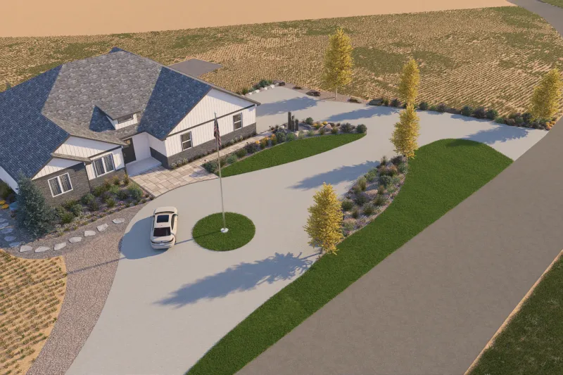3D concept rendering of a home’s front landscape with an entry walk, curved driveway, central lawn, ornamental trees, and planted borders