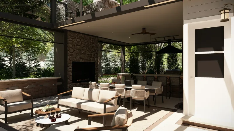 3D concept rendering of a covered outdoor living area with lounge seating, dining, a stone fireplace, and a built-in bar kitchen opening to a garden
