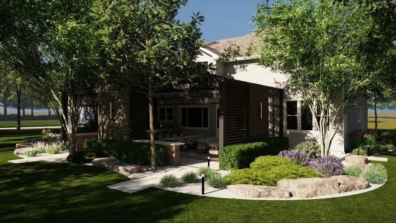 3D concept rendering of a landscaped home with a covered outdoor living area, stonework, a curving path, and layered planting beds