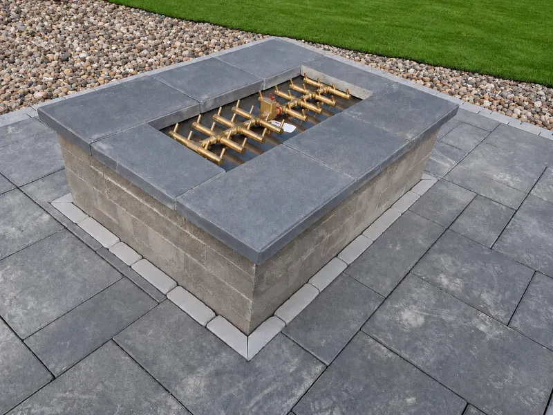 Rectangular masonry fire pit with exposed gas burners set in a paver patio