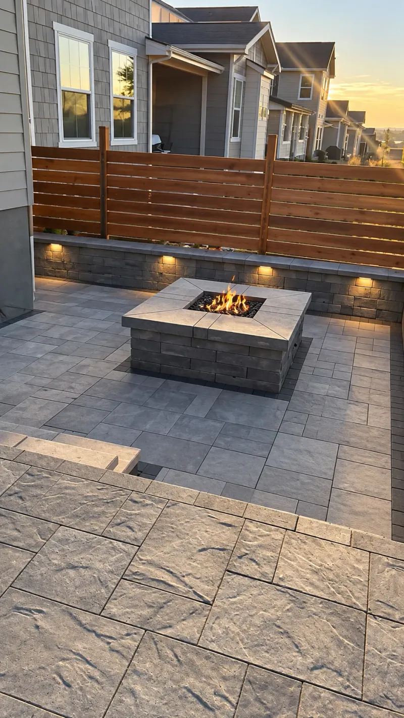 Blackrock paver patio with a lit gas fire pit and illuminated privacy wall