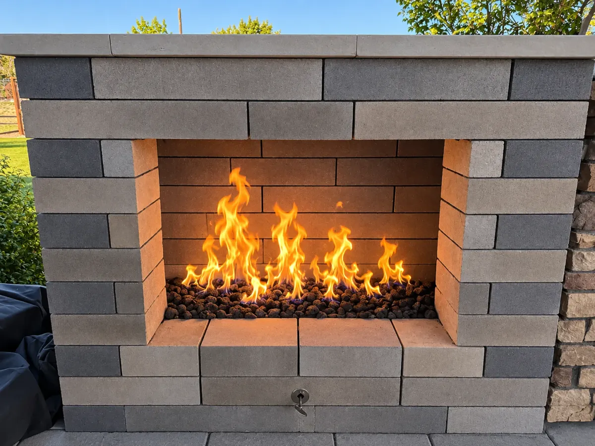 Blackrock outdoor masonry fireplace with flames rising from a lava rock bed