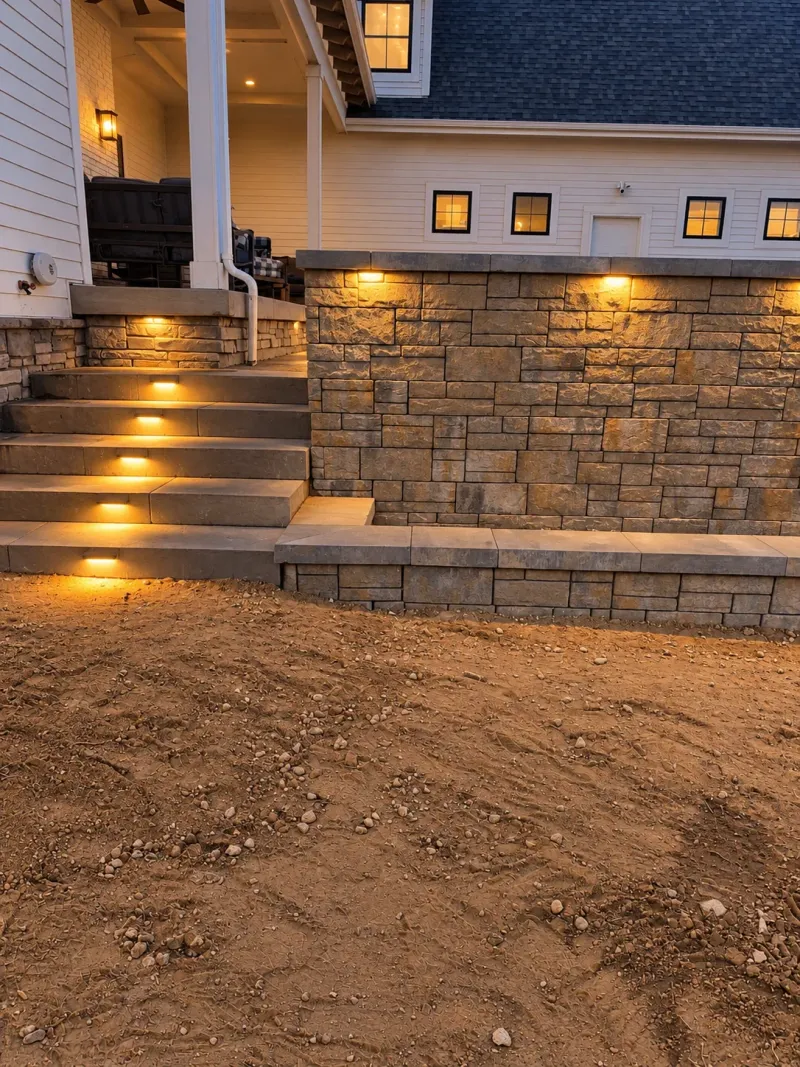 Illuminated masonry stairs and stone retaining wall at dusk