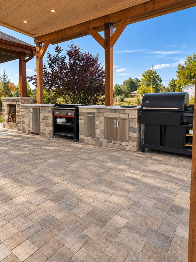 Covered outdoor kitchen with built-in appliances, stone counters, and paver patio
