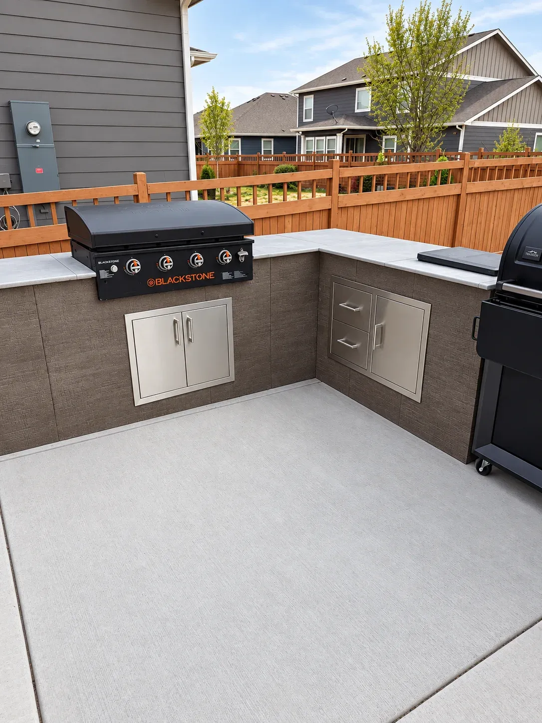 Built-in outdoor kitchen with grill, griddle, storage, and generous counter space