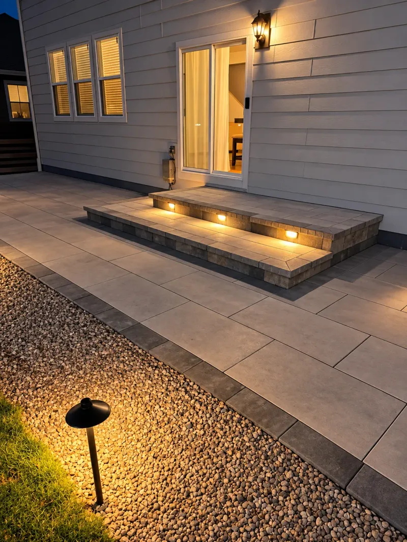 Patio and entry steps with integrated landscape lighting