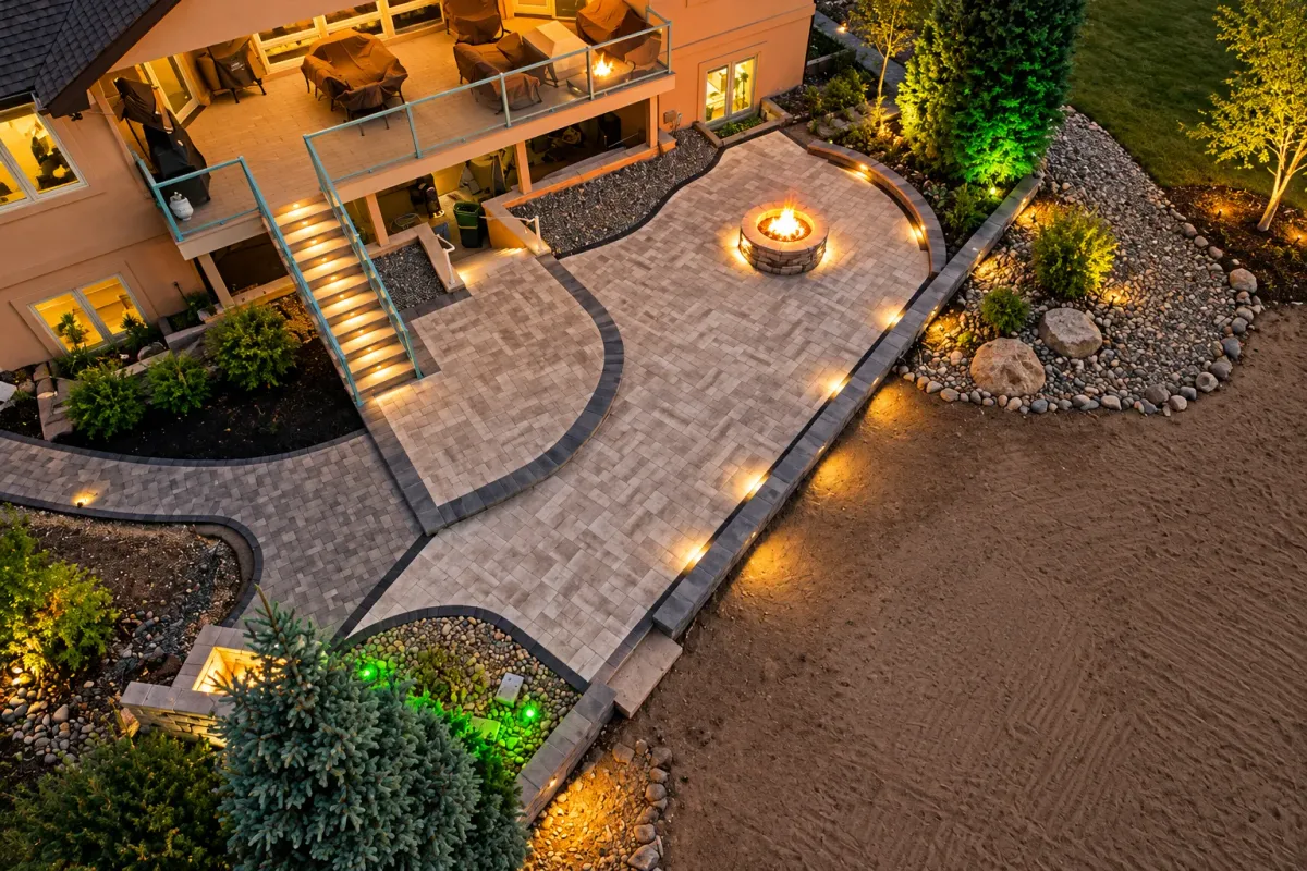 Blackrock paver patio with curved borders, a fire pit, and landscape lighting at dusk