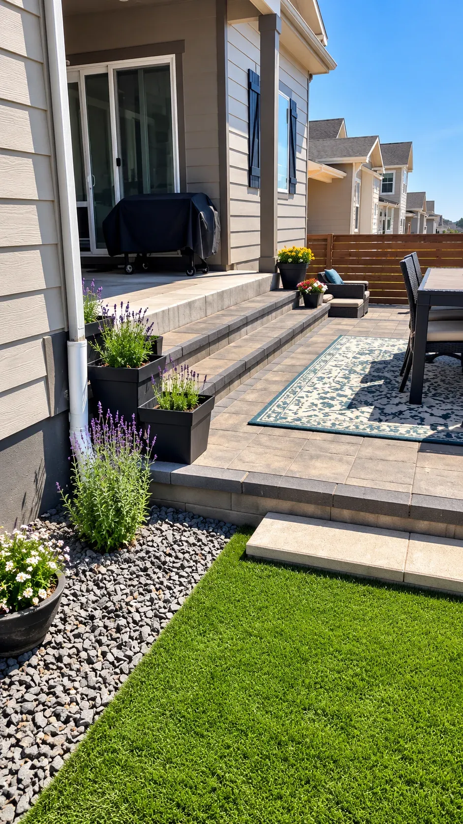 Colorado patio and garden path with planting and outdoor seating