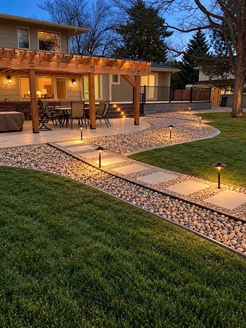 Pergola, garden path, patio, and landscape lighting at dusk