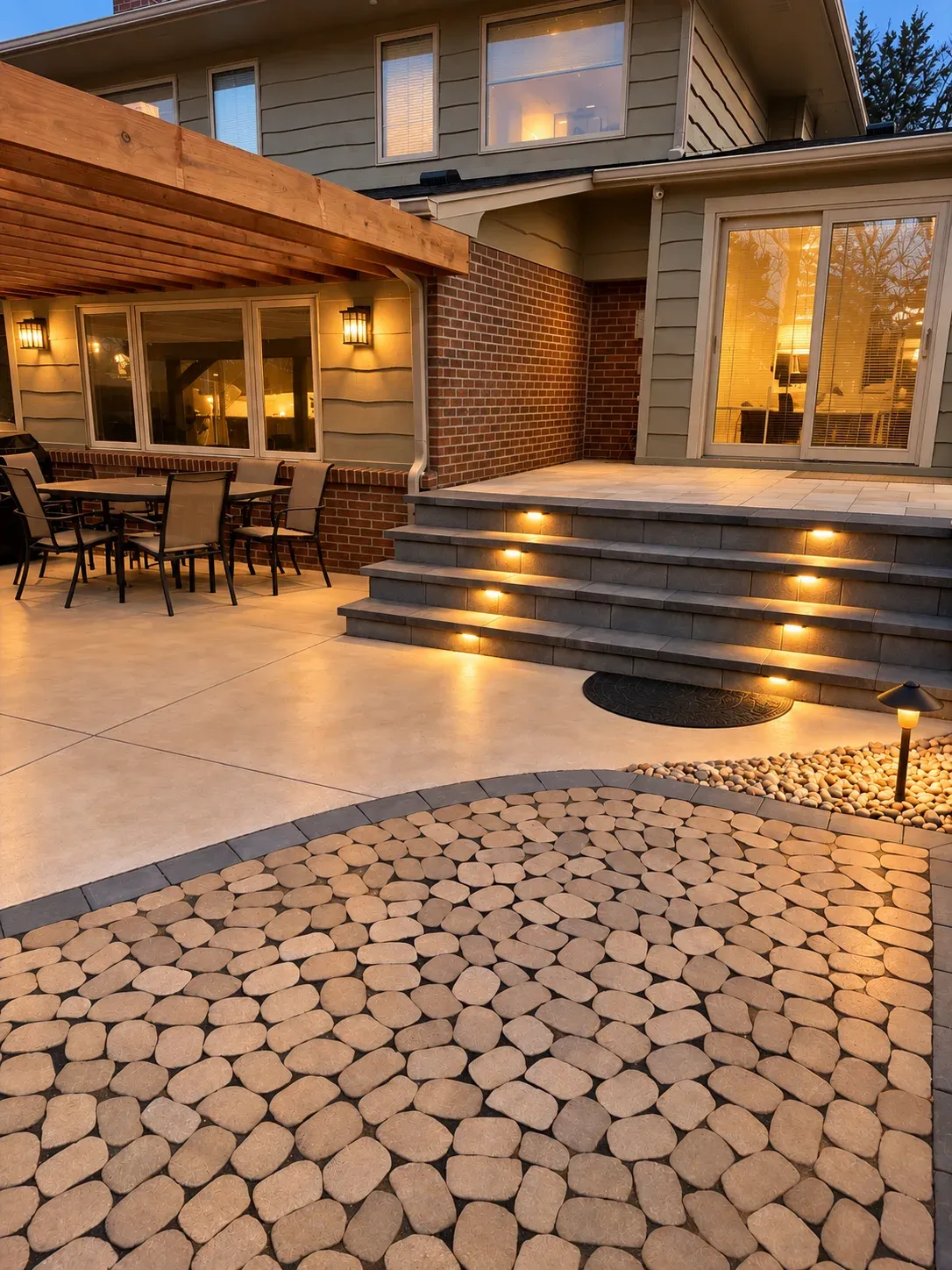 Completed Blackrock patio with a timber pergola and illuminated steps