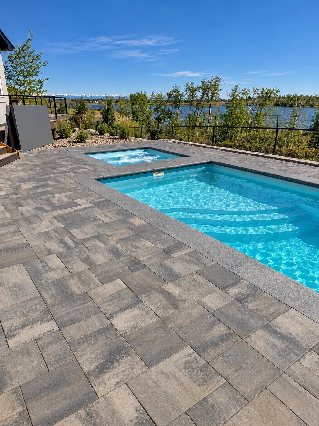Blackrock swimming pool and spa beside a lakeside paver patio