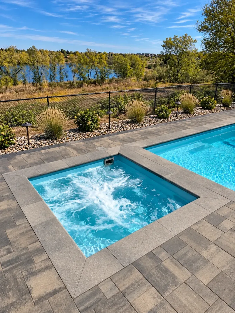 Active square spa beside a swimming pool and lakeside paver terrace