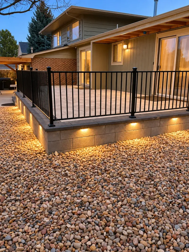 Completed patio terrace with stone wall, metal railings, and integrated lighting