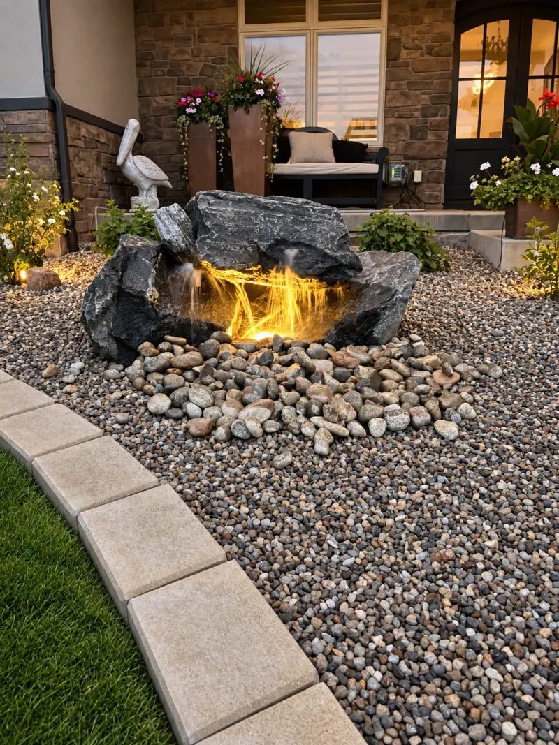 Illuminated water flowing between dark stone boulders into a river rock bed by a home