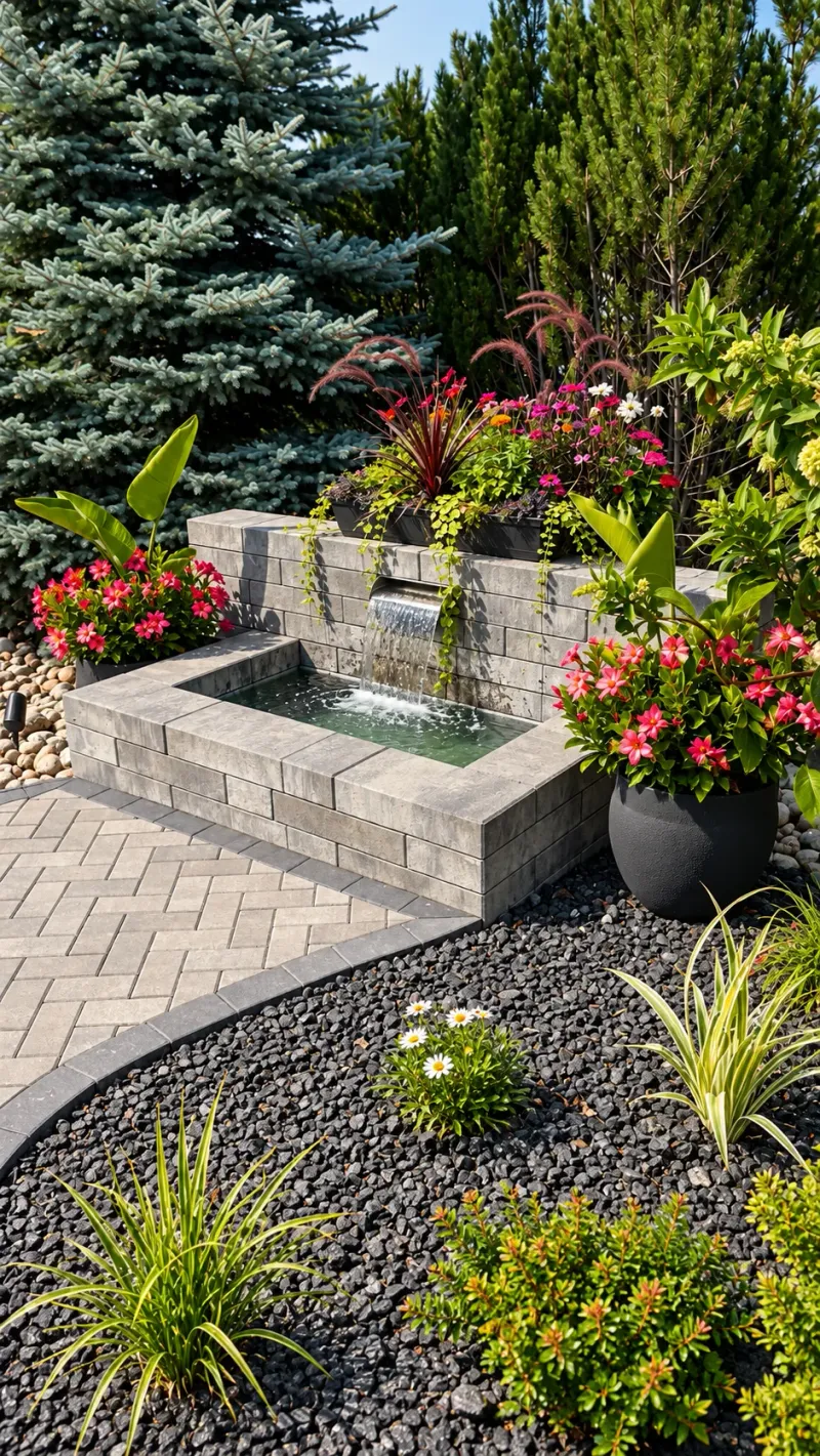 Low masonry water feature with a spillway surrounded by colorful planted containers and pavers